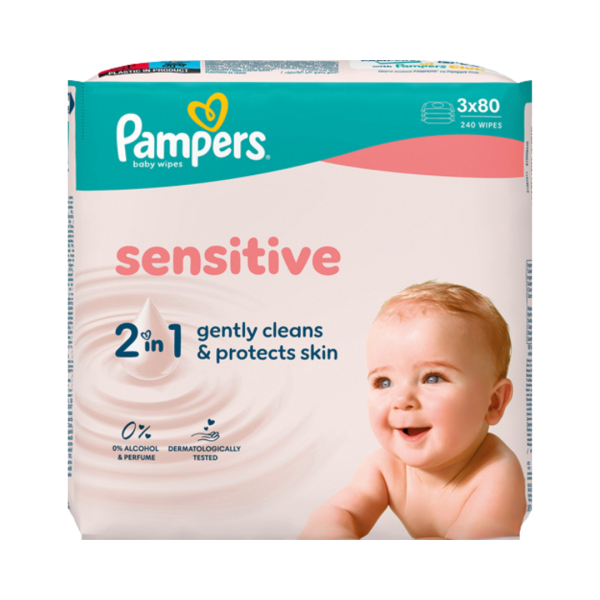 733446 Pampers Feuchttuecher Sensitive 2in1, 0 Prozent Parfuem und Alkohol, Nachfuellpackung, 3 x 80 Stueck